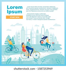 Happy Family Riding Bicycle in Suburban Area or CIty Park on Cityscape with Skyscrapers Background. Parents and Children Joint Healthy Recreation and Active Resting Outdoor. Flat Vector Illustration.