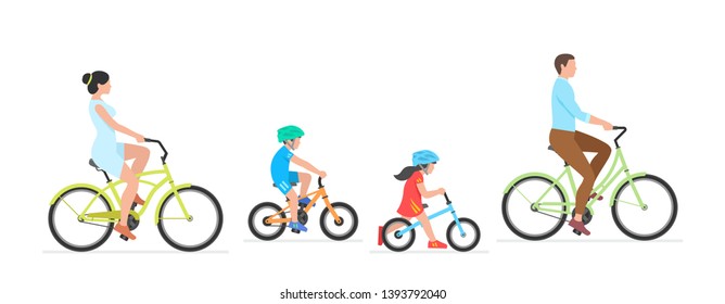 Happy Family Riding Bicycle Together. Group Of People Riding Bikes. Isolated On White Background