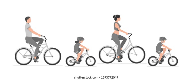 Happy family riding bicycle together. Group of people riding bikes. isolated on white background
