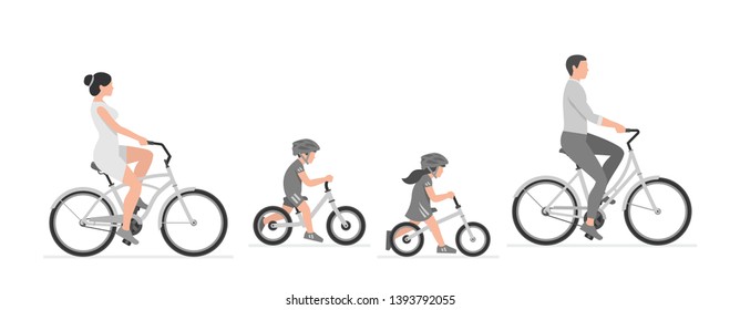 Happy family riding bicycle together. Group of people riding bikes. isolated on white background