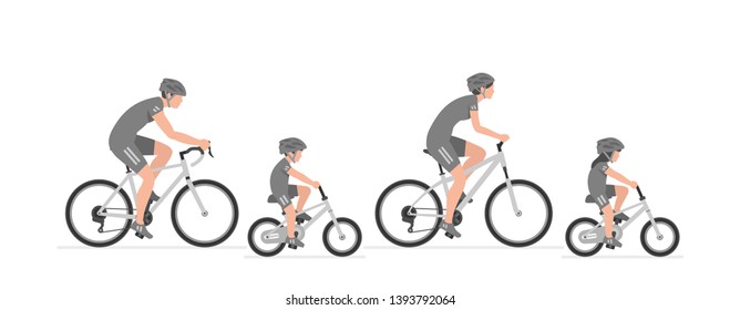 Happy family riding bicycle together. Group of people riding bikes. isolated on white background