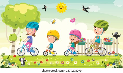 Happy Family Riding Bicycle Together