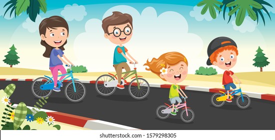 Happy Family Riding Bicycle Together