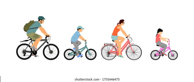 Happy family riding bicycle together, vector illustration. Little boy and girl riding bicycle with parents. Mother and father with kids outdoor enjoying in bike driving. Biker family. Electric bike.