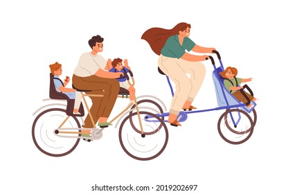 Happy family riding bicycle together. Parents and children cycling. Mother, father and kids traveling on bike. Active mom, dad and child. Flat vector illustration isolated on white background