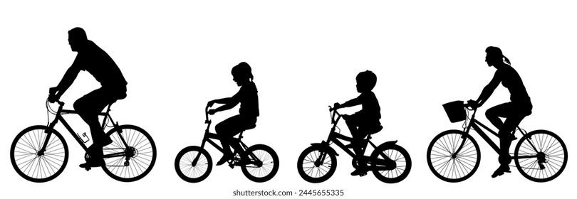 Happy family riding bicycle together vector silhouette illustration isolated. Little boy and girl riding bicycle with parents. Mother and father with kids outdoor enjoying bike driving. Biker family.
