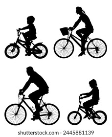 Happy family riding bicycle together vector silhouette illustration isolated. Little boy and girl riding bicycle with parents. Mother and father with kids outdoor enjoying bike driving. Biker family.