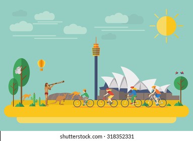 Happy Family Riding Bicycles In Australia. Flat Illustration, All Objects Are Grouped.