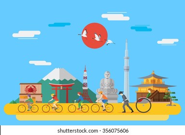 Happy family riding bicycles in Japan