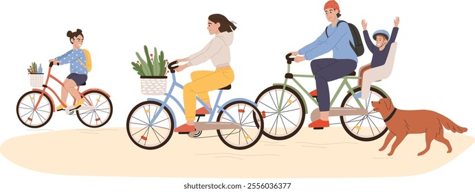 Happy family riding bicycles in the park with children and a golden retriever, enjoying active outdoor moments, embracing togetherness and the joys of a healthy lifestyle