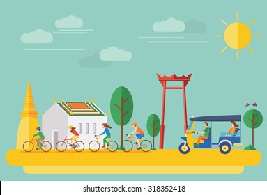 Happy family riding bicycles in Thailand. Flat Illustration, all objects are grouped.
