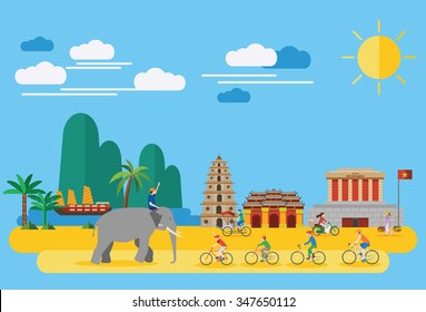 Happy family riding bicycles in Vietnam with Vietnamese landmarks such as Ho Chi Mihn Mausoleum, Heavenly Lady Pagoda, Imperial City and  lifestyle of Vietnamese people, all objects are grouped.