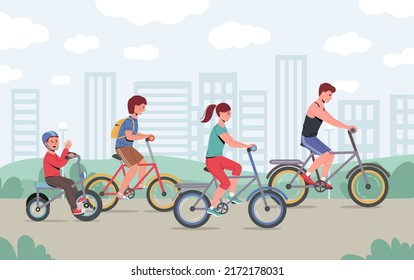 Happy family riding bike, bicycle in city park. Joyful mother, father, daughter, son on nature. Parents and kids cycling, spend time together