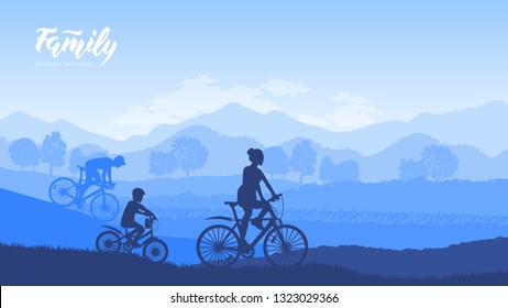 Happy family riding bike early in the morning illustration. Woman and her son active lifestyle in nature design concept