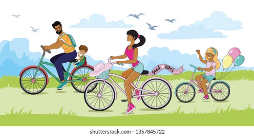 Happy family riding bike in the park