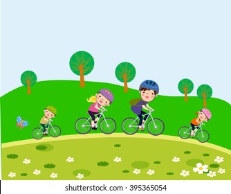 Happy family riding bikes
