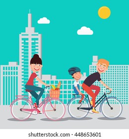 Happy Family Riding Bikes in the City. Woman on Bicycle. Father and Son. Vector illustration