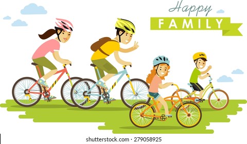 Happy family riding bikes isolated on white background in flat style