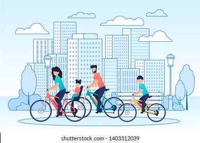 Happy Family Riding Bikes on Cityscape Cartoon. Mother and Daughter on Children Trunk Seat, Father and Son Have Active Vacation, City Trip, Healthy Leisure, Freedom Cycling. Vector Flat Illustration