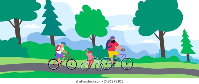 happy family riding bikes in the park outdoor bicycling summer activity vector illustration