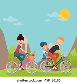 Happy Family Riding Bikes in tho Mountains. Woman on Bicycle. Father and Son. Vector illustration