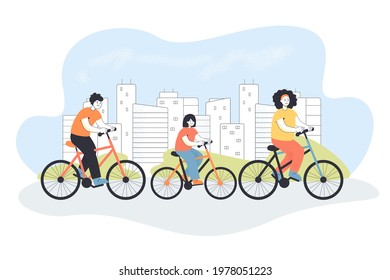 Happy family riding bikes together. Flat vector illustration. Mother, father and daughter on bikes spending time together outdoors in city background. Family, leisure, healthy lifestyle concept