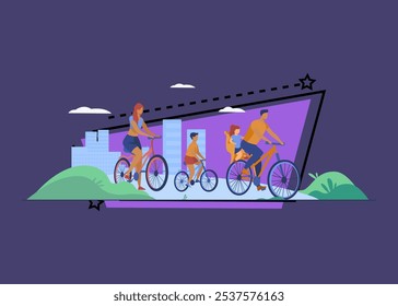 Happy family riding bikes vector illustration. Parents and children cycling on bike path in park, spending time together outdoors. Family reunion, quality time, sport concept