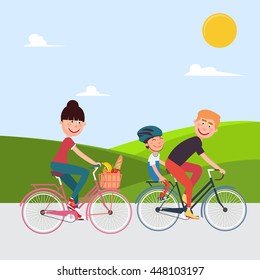 Happy Family Riding Bikes. Woman on Bicycle. Father and Son. Vector illustration