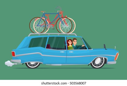 Happy family riding in a blue car. Bicycle trip. Vector creative color illustrations flat design in flat modern style.