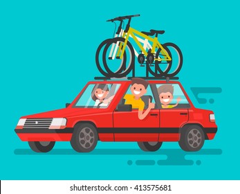 Happy family riding in a car. Bicycle trip