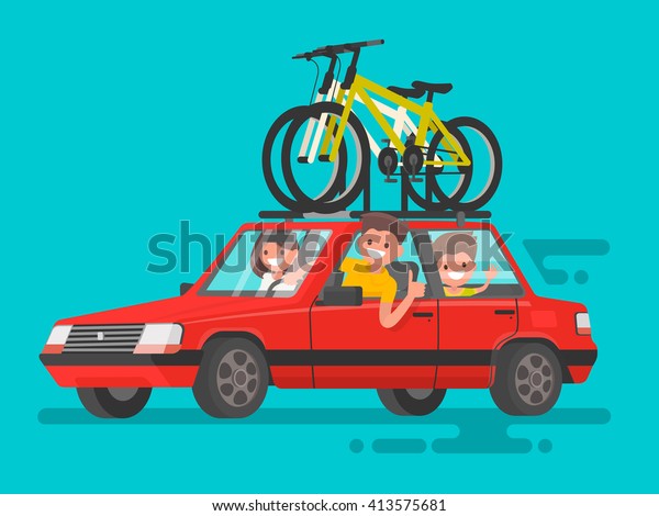 Happy family riding\
in a car. Bicycle trip