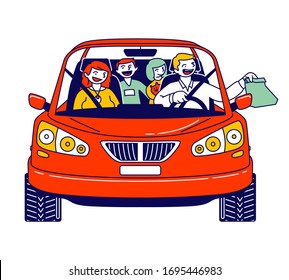 Happy Family Riding Car Using Drive Thru Service Taking Fast Food Sitting inside of Automobile. Mother, Father and Kids Characters Buying Takeaway Meal while Travel. Linear People Vector Illustration