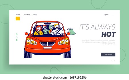 .Happy Family Riding Car Using Drive Thru Service Taking Fast Food Sitting inside of Automobile Landing Page Template. Characters Buying Takeaway Meal while Travel. Linear People Vector Illustration