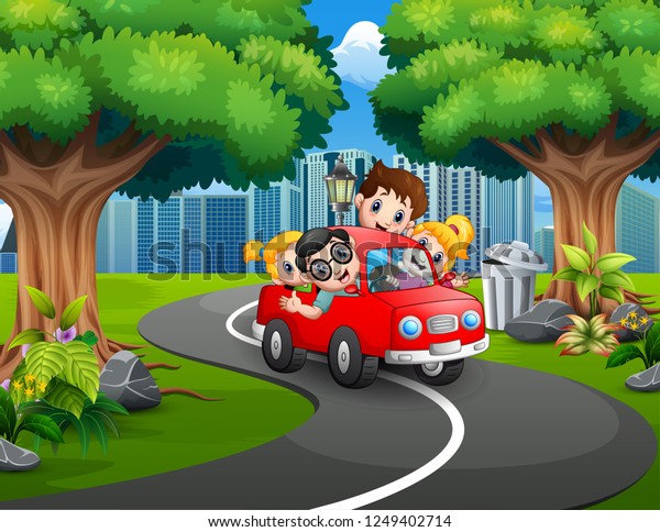 Happy family riding\
cars in the city park
