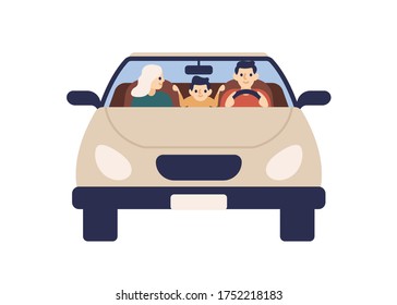 Happy family riding on car together front view vector flat illustration. Smiling father, mother and son ride on automobile together isolated on white. Cheerful male driver and passengers at vehicle