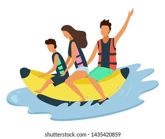 Happy family riding on inflatable banana on sea, waters splashes isolated. Mother, father and son in aquapark, leisure activity, extreme recreation attractions
