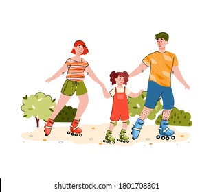 Happy family riding on roller skates - cartoon people roller skating with child in summer park. Parents and daughter rollerskating together, vector illustration