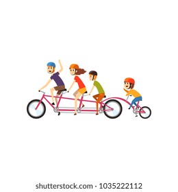 Happy family riding on tandem bicycle, parents enjoying cycling with children, recreation with kids vector Illustration on a white background