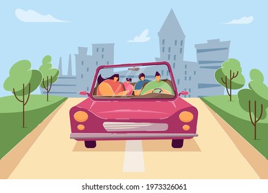 Happy family riding in pink car. Flat vector illustration. Father, mother, son and daughter travelling in cabriolet together. Travel, family, holiday, vacation concept for banner design, landing page