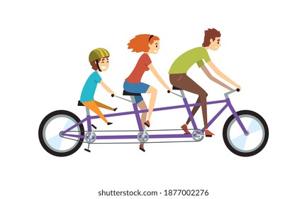 Happy Family Riding Tandem Bicycle, Father, Mother and Son Cycling Outdoor, Active Lifestyle Concept Cartoon Vector Illustration