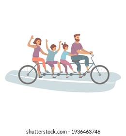 Happy family riding a tandem bicycle with four seats. Healthy Lifestyle. Vector Illustration.