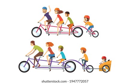 Happy Family Riding Tandem Bicycle, Group of People Riding Quint Outdoors Cartoon Vector Illustration