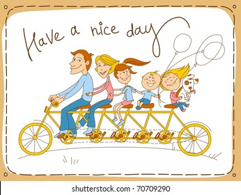 Happy family riding a tandem bicycle. Vector illustration.