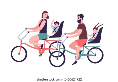 Happy family riding tandem bicycles or bicycling. Cute smiling mother, father and children on bikes. Parents and kids bicyclists performing sports activity outdoors. Flat cartoon vector illustration.