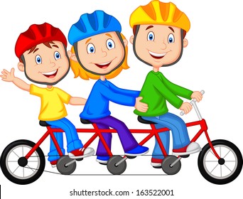 Happy family riding triple bicycle