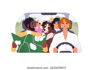 Família feliz está em viagem. Pais e crianças sentam dentro do carro, procurar a rota com mapa. Pessoas com crianças viajam, dirigem automóveis, procuram por caminhos. Ilustração de vetor isolado plano em branco