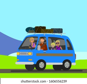Happy family road trip. Vector illustration in cartoon style.
