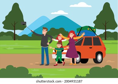 Happy family roadtrip concept: Happy Father, Mother, son and daughter taking selfie on a road trip vector illustration