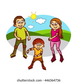 Happy Family Roller Skates. Vector Illustration