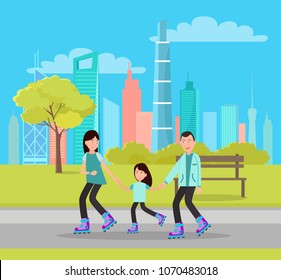 Happy family roller skating in city park on background of skyscrapers vector of mother father and daughter on rollers near bench, summer activity